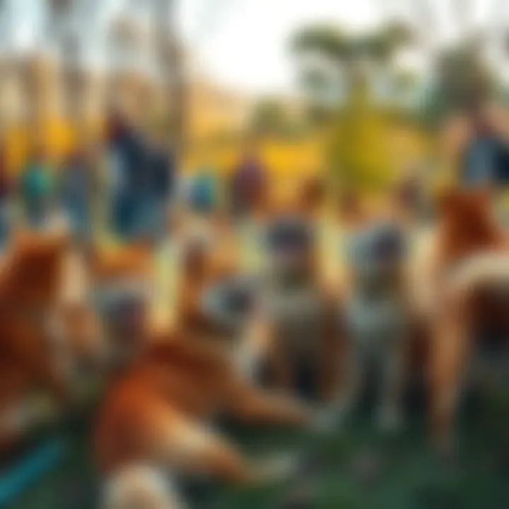 A group of Shiba Inu dogs playing together in a park, with people chatting and enjoying the day.