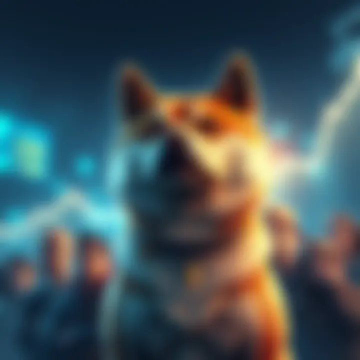 Shiba Inu dog with a rising graph symbolizing price increase, while a group of sad investors looks on in disappointment.