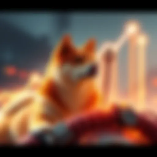 A graphic representation of Shiba Inu cryptocurrency with an upward trend line, symbolizing a $38 billion trading volume rise and bullish market signals.