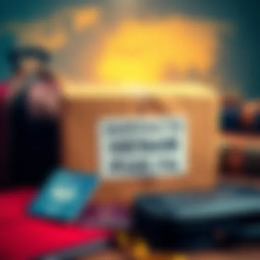 A shipping box with a label showing delivery to Vietnam, surrounded by travel items like a passport and suitcase.
