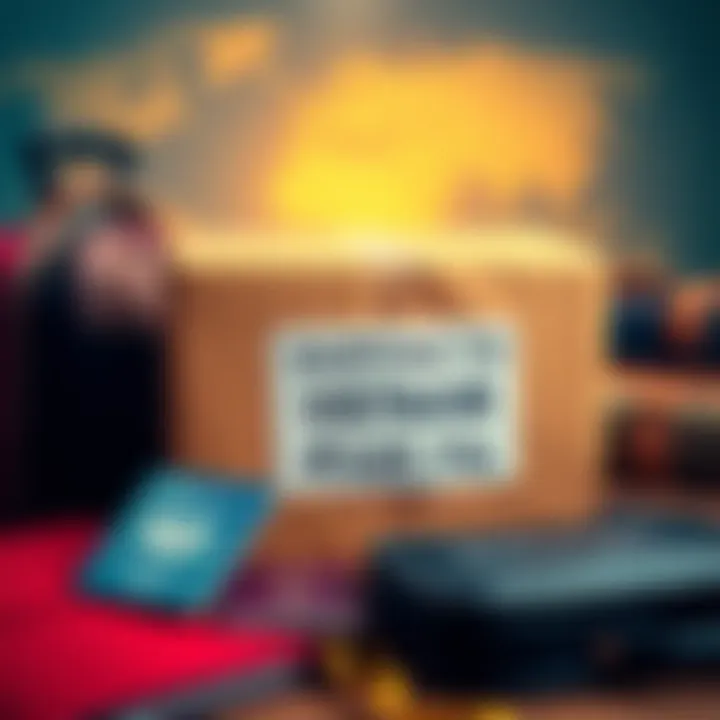 A shipping box with a label showing delivery to Vietnam, surrounded by travel items like a passport and suitcase.
