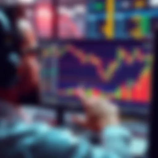 A trader analyzing Shitcoin prices on a computer screen, showing rapid price movements and charts.