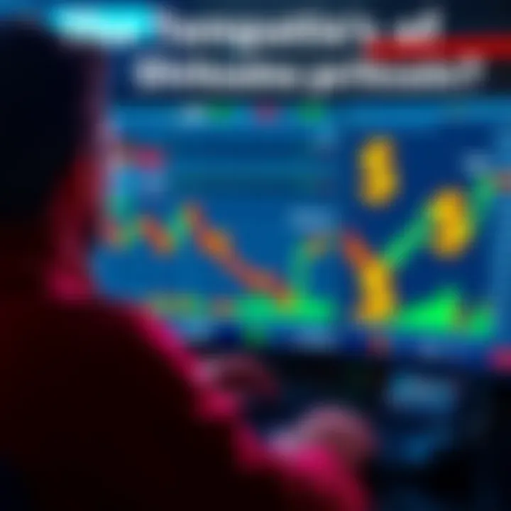 A person looking at a computer screen with cryptocurrency charts and dollar signs, representing the risk and allure of investing in shitcoins for quick profits.