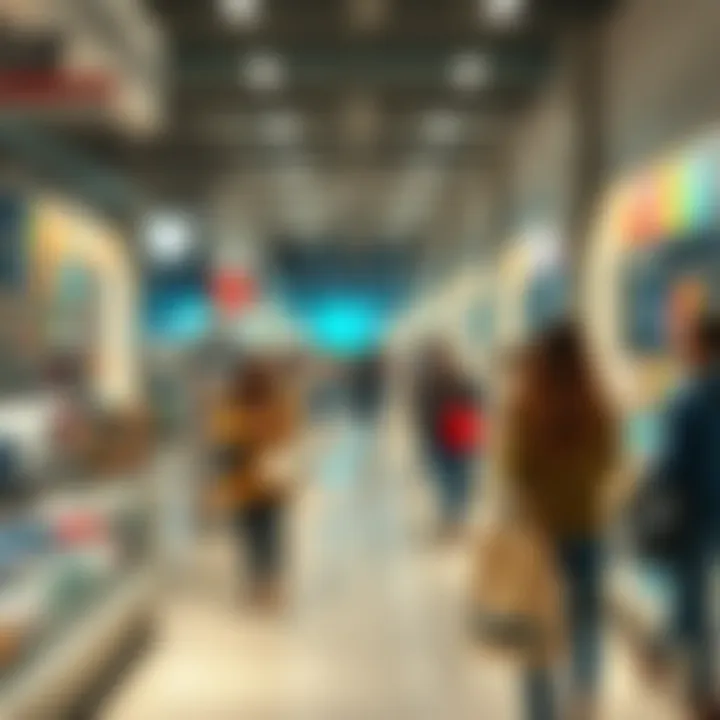 A busy retail store with shoppers browsing various products and using digital devices to shop.