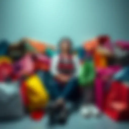 A person sitting on the floor surrounded by open shopping bags filled with clothes, shoes, and accessories, looking overwhelmed