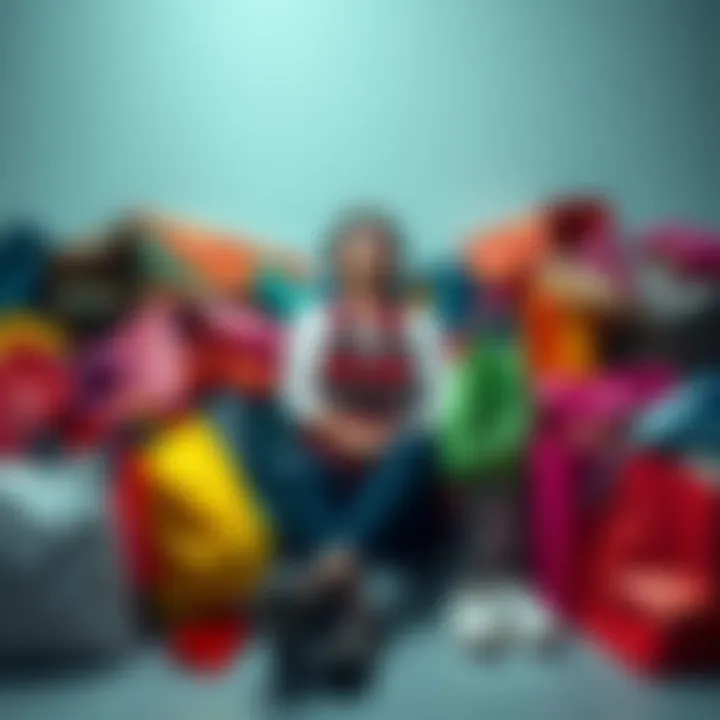 A person sitting on the floor surrounded by open shopping bags filled with clothes, shoes, and accessories, looking overwhelmed