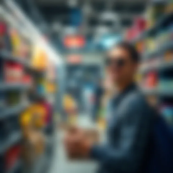 Person happily making a quick purchase decision in a store, surrounded by various products.