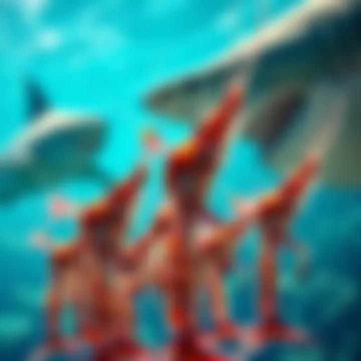 A group of shrimps standing firm against large predatory sharks in a colorful underwater scene, encouraging each other to hold on to their futures.
