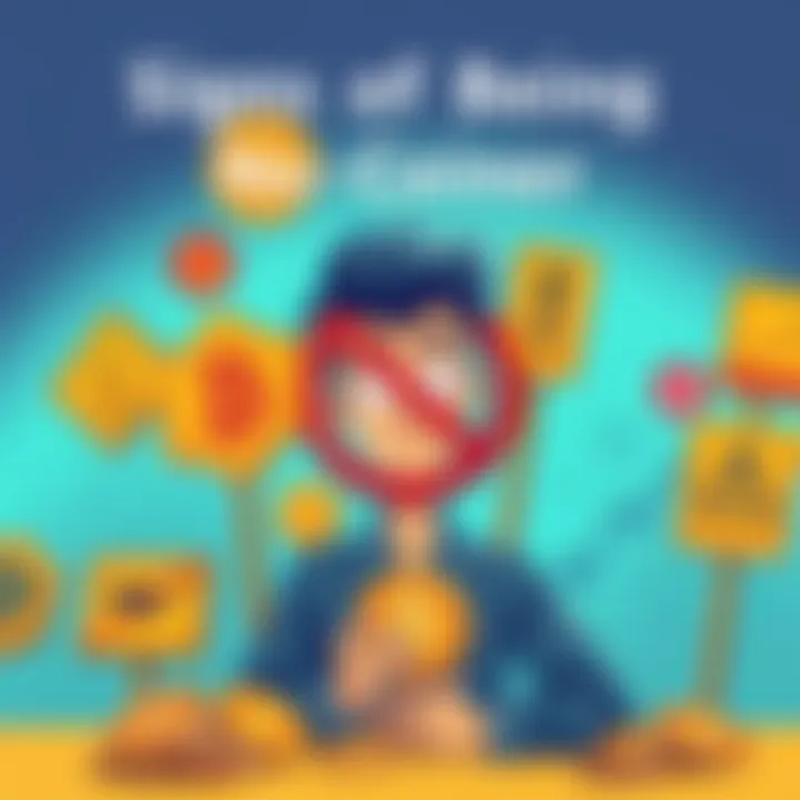 Illustration showing various signs indicating a person is not investing in cryptocurrency, featuring symbols like a crossed-out coin and a puzzled person looking at financial graphs