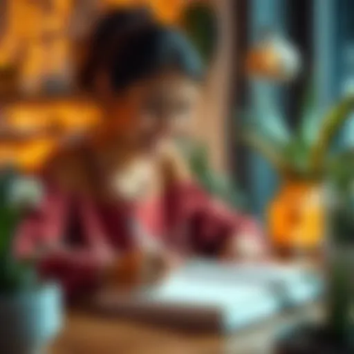 A person smiling while writing positive affirmations in a notebook, surrounded by uplifting decorations and plants.