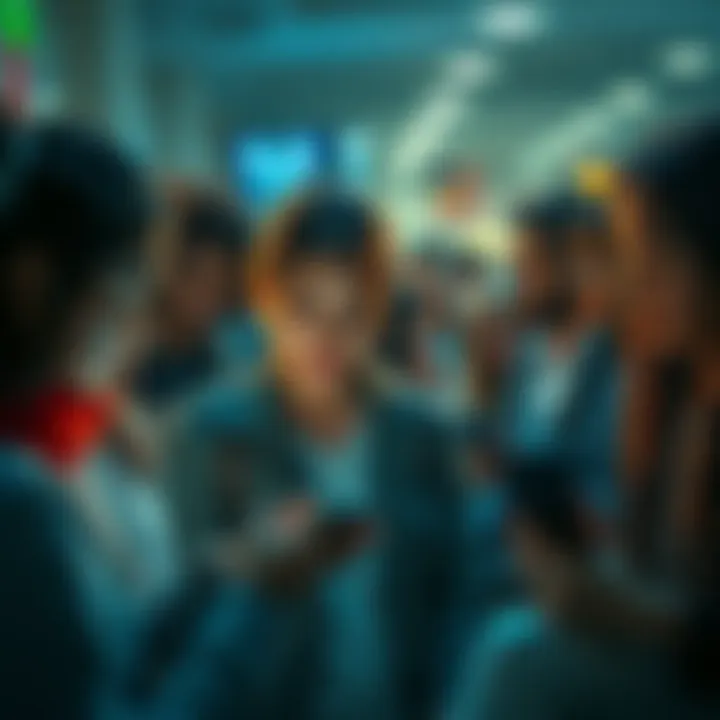 A group of people prioritizing smartphones over community engagement, reflecting society's values in 2025