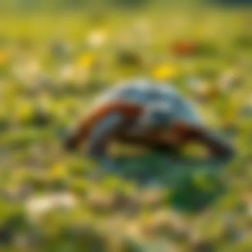 A tortoise moving slowly across a grassy field, symbolizing patience and careful progress.