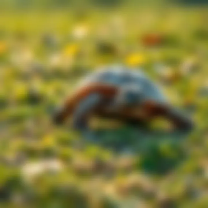 A tortoise moving slowly across a grassy field, symbolizing patience and careful progress.