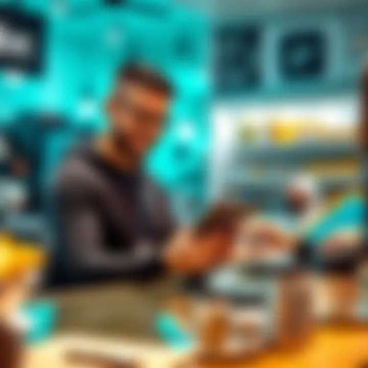 A small business owner smiles while using a tablet to accept a Litecoin payment from a customer at the counter of a shop