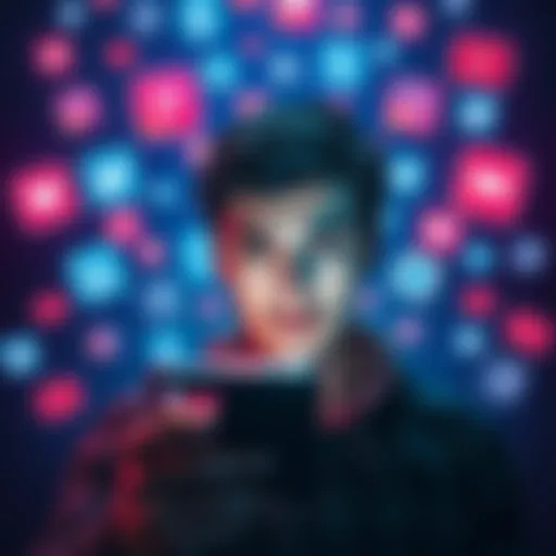 A person looking at their phone with a questioning expression surrounded by social media icons, symbolizing skepticism about online authenticity.