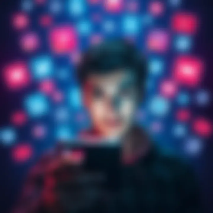 A person looking at their phone with a questioning expression surrounded by social media icons, symbolizing skepticism about online authenticity.