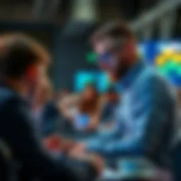 A software engineer judging participants at a hackathon event, engaging with teams and providing feedback.