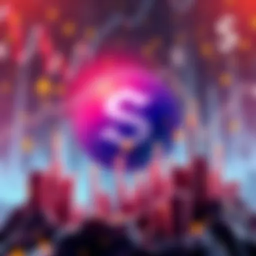 A digital representation of Solana's logo surrounded by rising financial graphs and currency symbols, symbolizing investor interest and market trends.