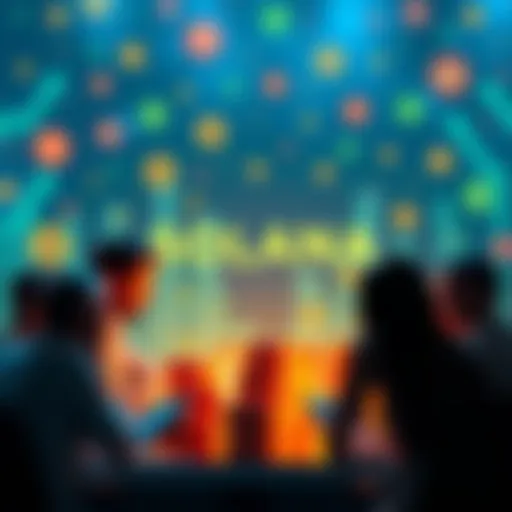 A group of people discussing and providing feedback on a new crypto platform with digital graphics of coins around them