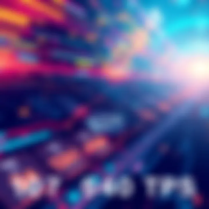 Illustration showing a visual representation of Solana's record 107,540 transactions per second on its mainnet with digital graphics and fast-moving data streams