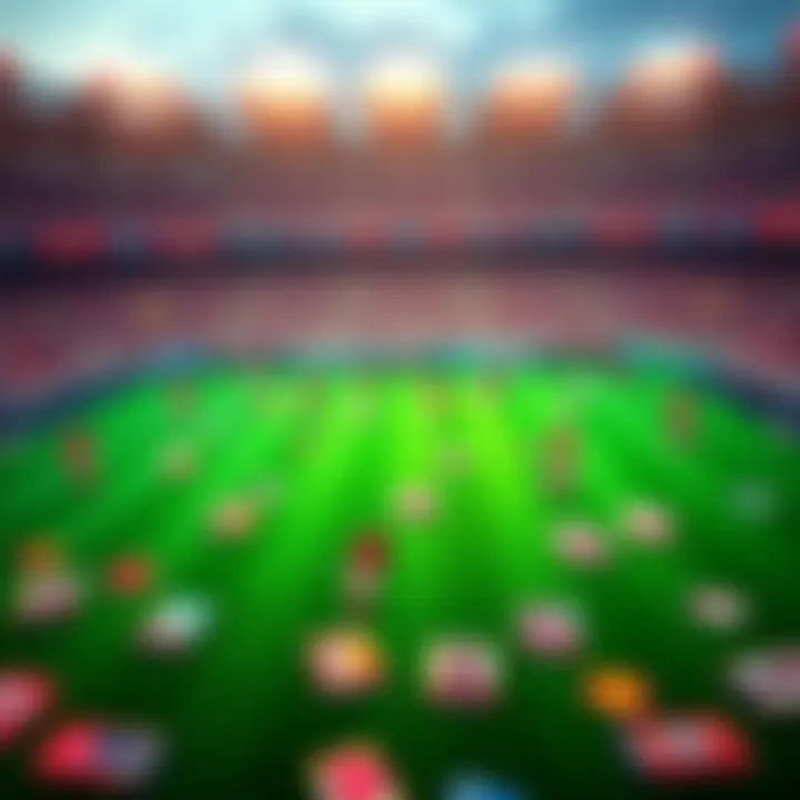 A football field filled with various Sorare player cards, showing colorful designs and team logos