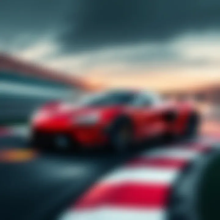A sleek sports car speeding on a racetrack, showcasing high performance.