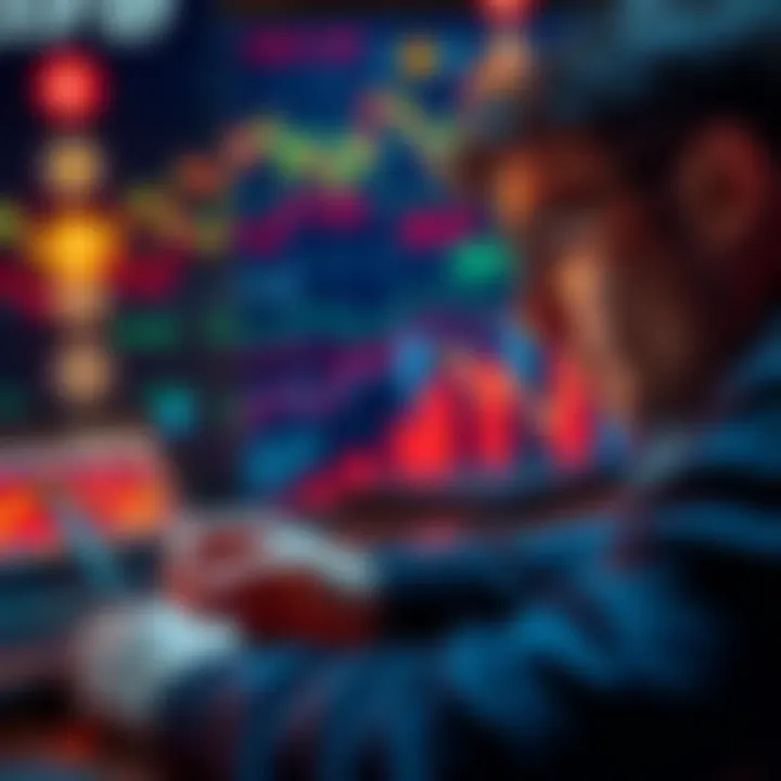 A person analyzing cryptocurrency profits and risks while considering staking XRP, with digital currency graphics in the background.