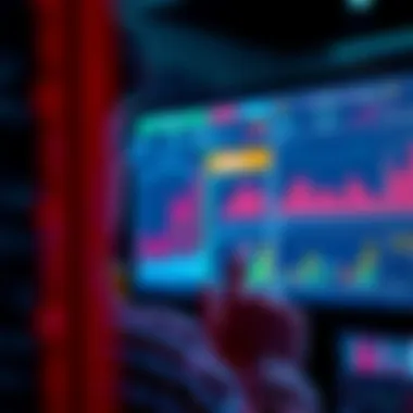 A person looking at a digital screen displaying staking and unstaking options for iotas, surrounded by charts and graphs indicating performance
