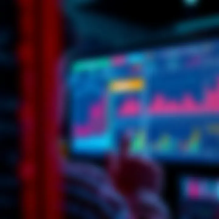 A person looking at a digital screen displaying staking and unstaking options for iotas, surrounded by charts and graphs indicating performance