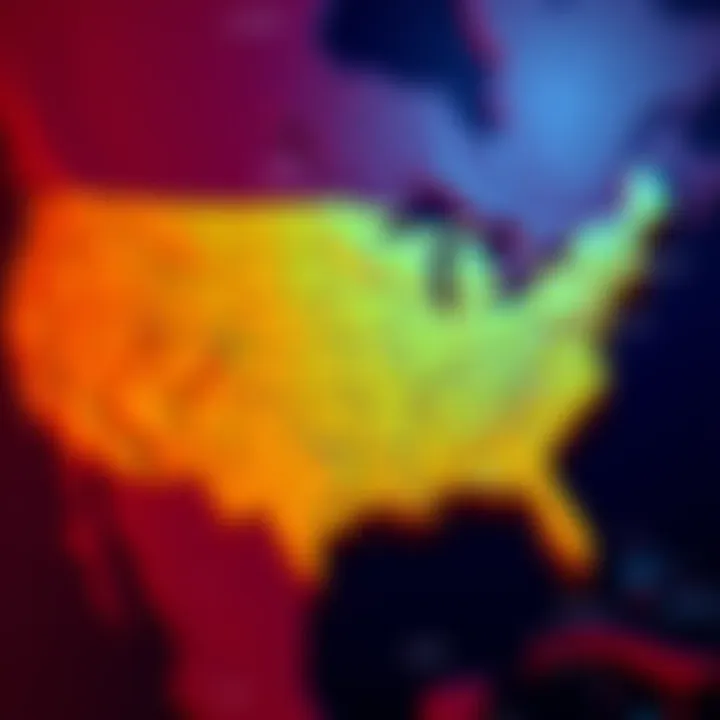 A colorful map showing various U.S. state boundaries with labels and geographical features highlighted