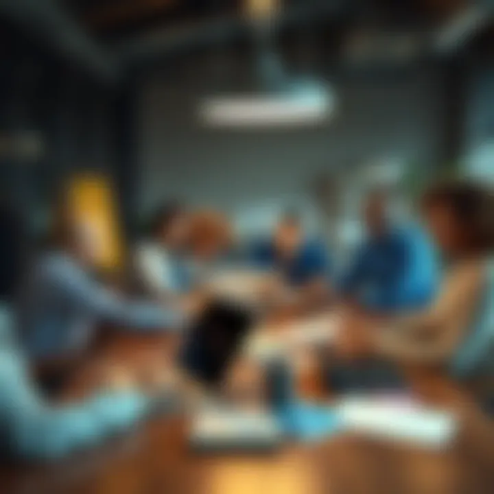 A group of diverse people brainstorming ideas around a table with laptops and notes, focusing on strategies for adaptation and success.