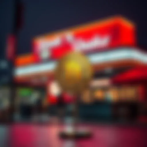 A Steak ‘n Shake restaurant featuring a Bitcoin logo promoting cryptocurrency payments for burgers
