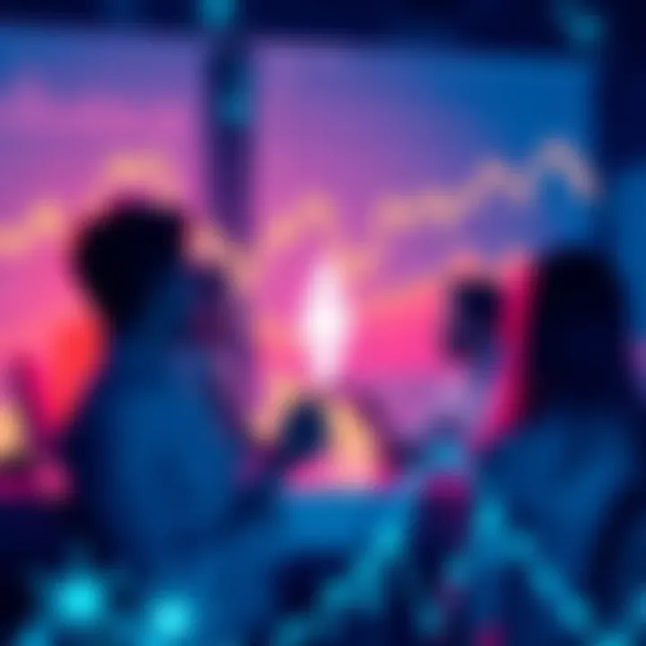 People engaging in discussion about the future of Stellar (XLM) with charts and graphs in the background.