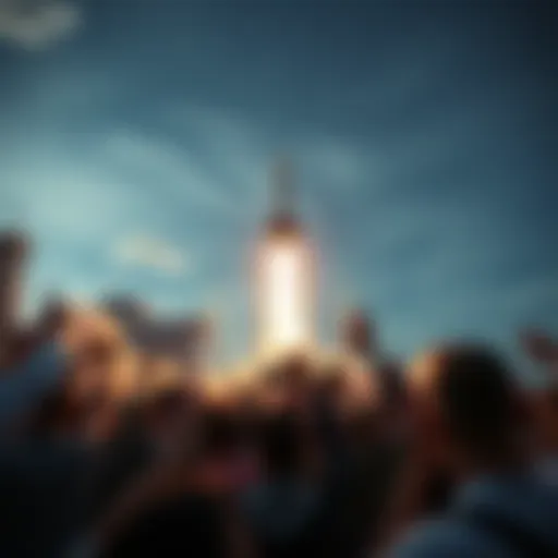 A sleek rocket ascending into the sky, surrounded by a cheering crowd, symbolizing community support and excitement for the launch.