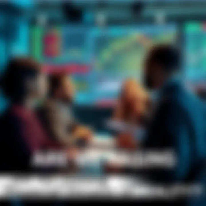 A group of people discussing stock market trends with charts and graphs on a screen, showing excitement and analysis.