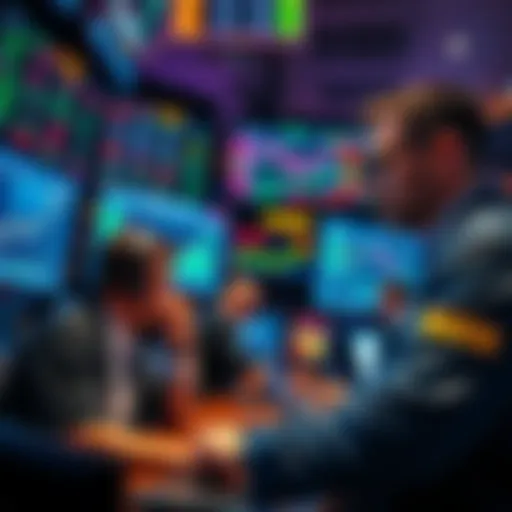 Traders analyzing market trends with charts and screens displaying rising short positions and long liquidations