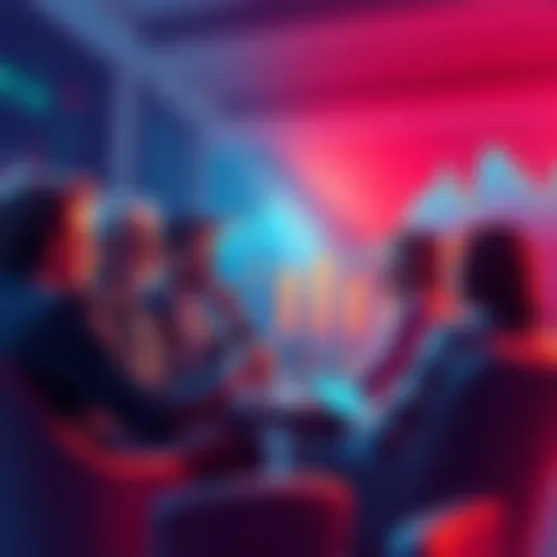 A group of crypto investors discussing share buybacks to stabilize stock prices, with charts showing downward trends in the background.