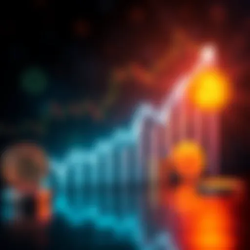 Graph showing stock market growth with upward trend lines, alongside symbols for stock and cryptocurrency