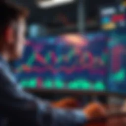 A trader analyzing stock charts on a computer screen with graphs showing trends and fluctuations, indicating possible strategies for investment