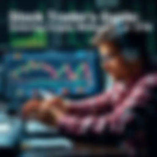 A stock trader examining cryptocurrency charts and coins on a laptop, with notes and graphs in the background.