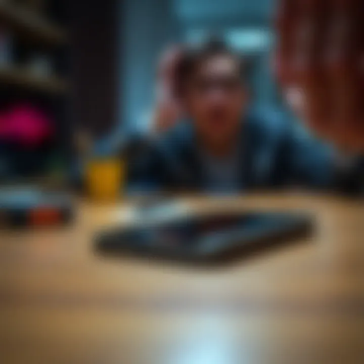 A close-up view of a Ledger Nano X device lying on a table, with a worried person in the background holding their head, symbolizing concern over stolen crypto assets.