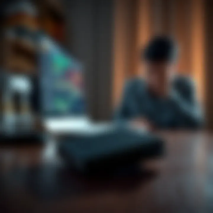 A Nano S wallet on a table with an upset person looking at a computer screen, showing a loss of funds.