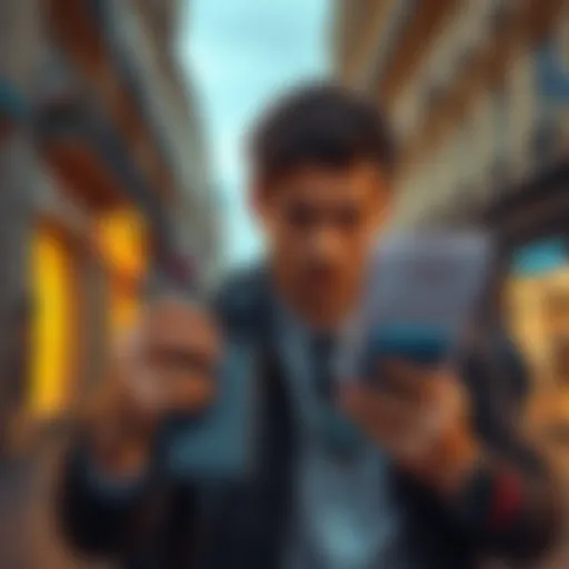 A distraught person holding a phone with a police report in their other hand, looking worried in a Paris street.