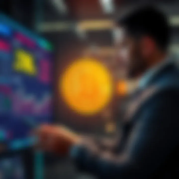 A business professional reviewing Bitcoin statistics on a digital screen, showing a significant increase in holdings
