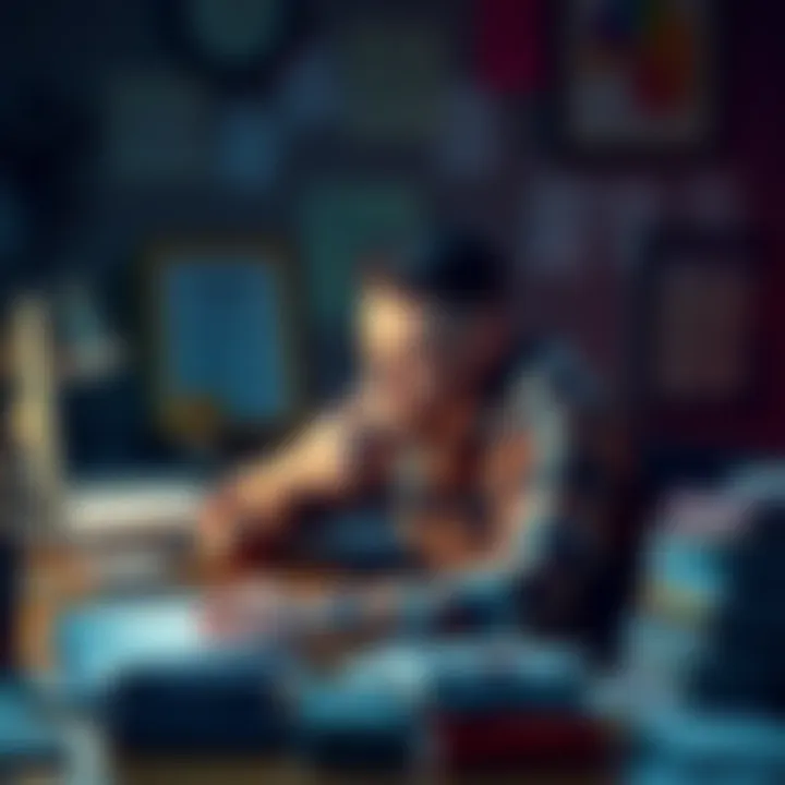 A low status white male looks stressed while working at a cluttered desk filled with spreadsheets and bills, showcasing the pressures of modern employment.