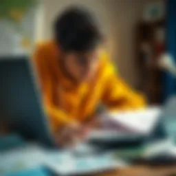A university student looks distressed while reviewing financial statements on a laptop. Papers and a calculator are scattered around, showing the impact of cryptocurrency investments.