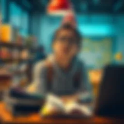A young female student looking for guidance on coding and hackathons, surrounded by books and a laptop, representing her journey in tech.