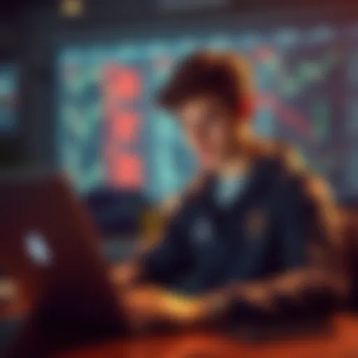 A high school student looks at a laptop with cryptocurrency charts, expressing curiosity and determination.