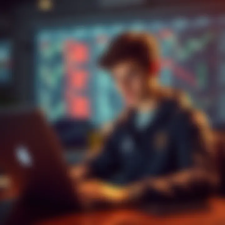 A high school student looks at a laptop with cryptocurrency charts, expressing curiosity and determination.