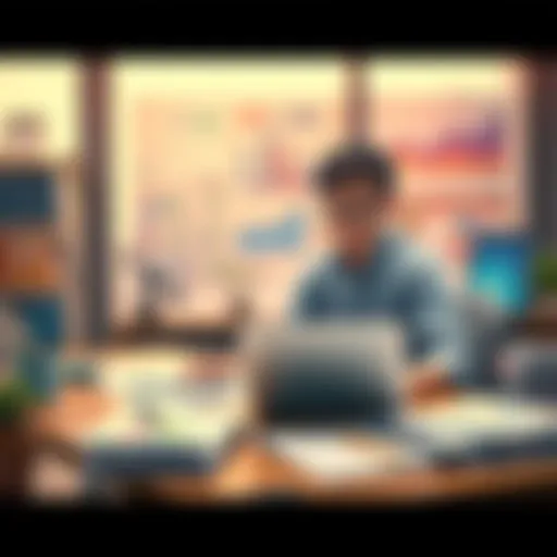 A student sitting at a desk with a laptop, looking at financial charts and investment books, considering how to invest money while in school